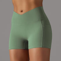 Shorts De Yoga Para Mujer Con Cintura Alta Y Bolsillos Diseño Cruzado Transpirables Y Secado Rápido Para Gimnasio Running Ejercicio - details 24