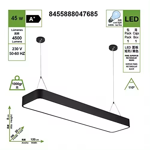 LED PANEL SUPERFICIE 20CM X 120CM RECTANGULAR NEGRO 45W 6400K - 1