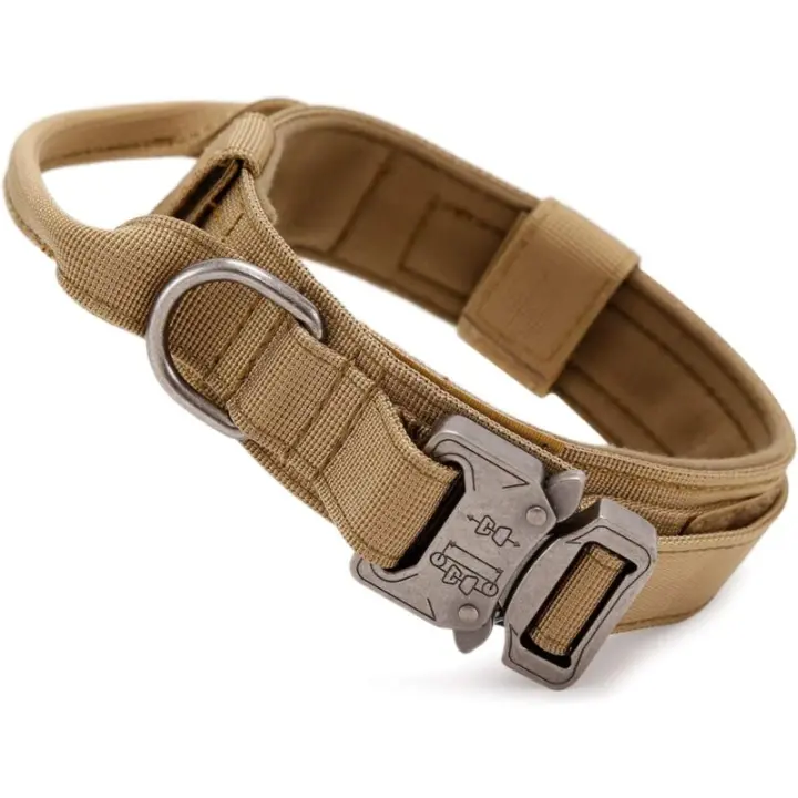 Collar táctico para perro con mango de control, collar ajustable militar de nailon, hebilla de metal, acolchado para perros medianos, caza/entrenamiento al aire libre (marrón-M) - 1