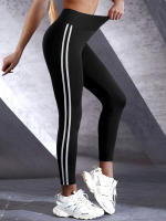 Leggings Deportivos De Ajuste Slim Para Mujer Con Rayas Lateral Alto Cintura Cómodos Para Fitness Y Uso Diario Talla Verdadera - details 3