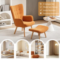 Sillón con taburete, Sillón con respaldo, de Madera patias, chaise longue de Diseño empenachado, efecto Pana, Salón, Marron - details 3