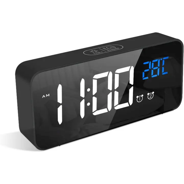 Despertador digital con LED grande, pantalla de temperatura, 13 músicas, puerto de carga USB, 4 niveles de brillo y volumen ajustables, función de repetición, espejo portátil, 2 alarmas negro - 1