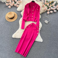 Conjunto De Ropa De Mujer REALEFT Otoño Invierno 3 Piezas Traje De Tejido Knitted Cardigan De Botón Sencillo Y Tops Falda Elegante Para Oficina - details 25
