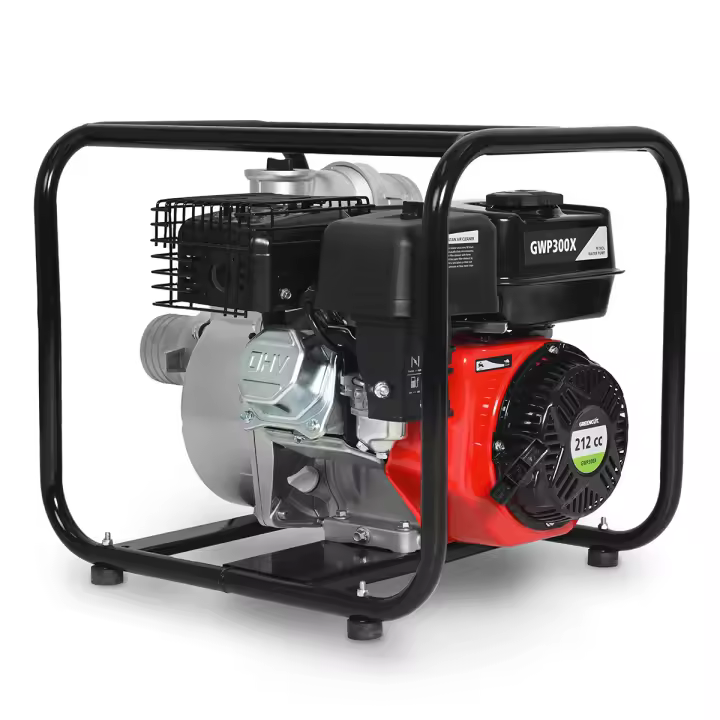 GREENCUT GWP300X Motobomba de agua 6.5CV (212cc), 58.000 l/h, succión 7,5 m, impulsión 28 m, conexión 2", depósito 3,6 L, arranque manual, marco metálico - 1