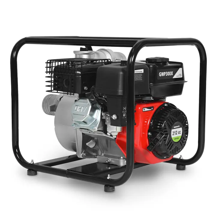 GREENCUT GWP300X Motobomba de agua 6.5CV (212cc), 58.000 l/h, succión 7,5 m, impulsión 28 m, conexión 2", depósito 3,6 L, arranque manual, marco metálico - 1