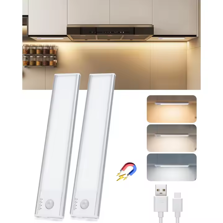 Aigostar luz led armario con sensor de movimiento y batería recargable, led cocina bajo mueble 1100mAh, brillo y color ajustables, con cable USB C, luz led adhesiva y magnética - 1