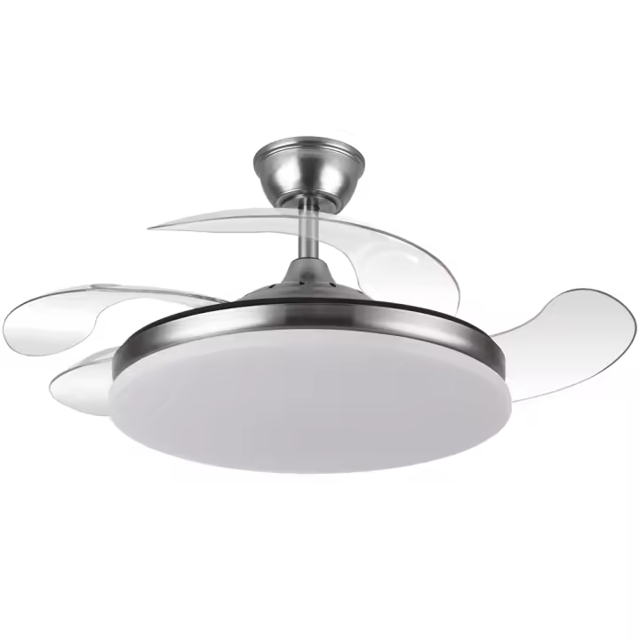 TRIDENTE NIQUEL - Ventilador Tridente Motor DC 59w Metal Niquel 4 aspas desplegables Ultrasilencioso 107d 6980lm 3000-4000-6000k LED Regulable Remoto Temporizador Memoria y Cuerpo Metalico - Fabrilamp 2026 - 1