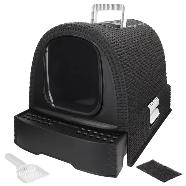 Curver - Arenero para gatos, 38,5x51,5x40 cm, construcción cerrada, filtro de ventilación, arenero antiolor, bandeja extraíble, puerta basculante, incluye pala, rejilla para patas, asa de transporte, areneros para gatos, 95% plástico reciclado - 1