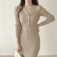 Vestido Bodycon Elegante Para Mujer Con Botones Y Cuello En V De Terciopelo Suave Manga Larga Estilo Oficina Otoño Invierno - details 13