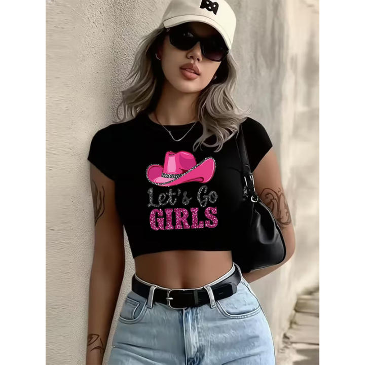 Sweet and avant-garde women's short top  Cowboy hat print Suitable for daily wear and summer outings