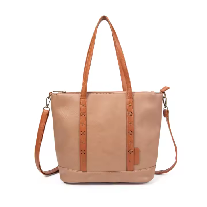 Bolso shopper de mujer en polipiel beige con asas largas – Bolso de hombro funcional diario - 1