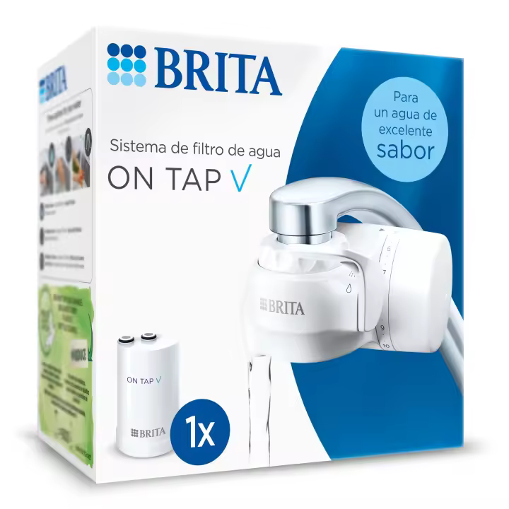 BRITA Sistema de Filtración On Tap V | Grifo con Filtro de Agua Incluye 1 Cartucho | Filtra hasta 600L | Elimina cloro, microplásticos y contaminantes | Conserva minerales | Instalación sin herramientas | Sin BPA | Diseño compacto - 1