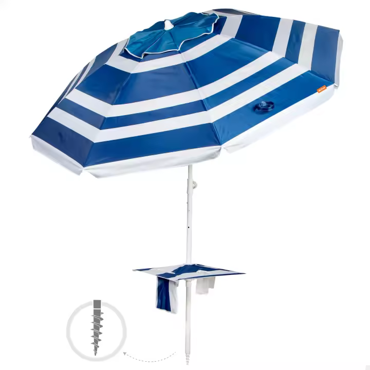 Aktive - Sombrilla de playa marinera, 210 cm, mesa central con posavasos y bolsillo, protección UV50, mástil acero inclinable y regulable en altura, tejido poliéster Oxford, 8 varillas fibra de vidrio, sombrilla playa grande, sombrillas de playa - 1
