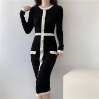 Vestido De Suéter Para Mujer 2024 Otoño Invierno Manga Larga Elegante Color Negro Midi Patchwork A-Line Estilo Casual - details 2