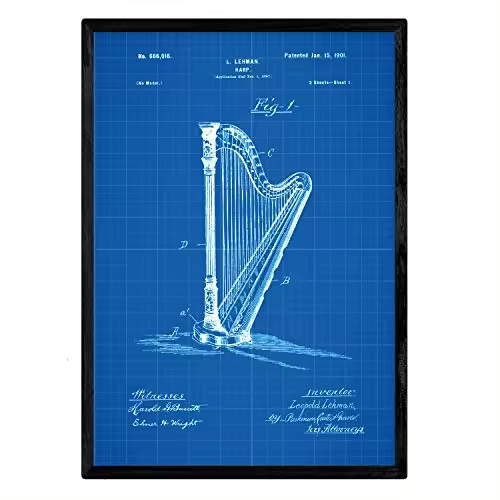 Nacnic Poster Con Patente De Arpa. Lámina Con Diseño De Patente Antigua En Y Con Fondo Azul - 1
