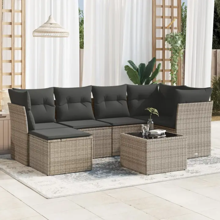 vidaXL Set de sofás de jardín 7 piezas con cojines ratán PE gris - 1
