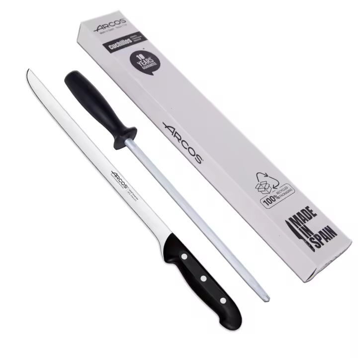 Arcos jamonero Profesional  Cuchillo jamonero jamonero Inoxidable Nitrum  Mango Negro  Cuchillo Jamon iberico  Serie Maitre Hoja Flexible y Filo Liso  275 mm  Acero Inoxidable NITRUM - 1