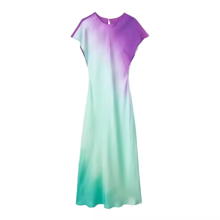 Vestido Midi De Seda TRAFZA Para Mujer Estampado Vintage Con Dibujos De Tie Dye Cuello Redondo Manga Corta Casual Chic Para Primavera - 1