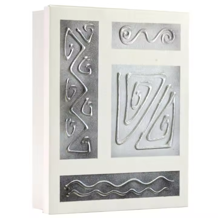 Cuadroexpres - Caja-Armario para Llaves, para Colgar en La Pared, 26x31x6 cm, Pintado a Mano, Abstracto en Plata y Blanco, con Relieve, 100% Original, Tornillos y Tacos incluidos, Con 9 Ganchos + 6 incluidos para colocar. - 1