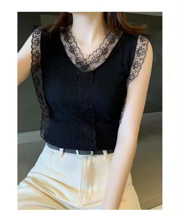 Top De Encaje Ligero Para Mujer Con Cuello En V Y Mangas Sin Mangas Camiseta Vestido De Verano Para Chicas Jóvenes Estilo Fairycore - 1