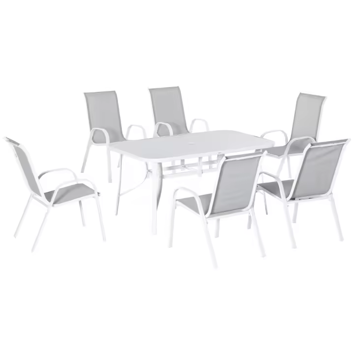 Outsunny Conjunto de Muebles de Jardín de 7 Piezas Juego de Mesa y 6 Sillas para Terraza con Orificio para Sombrilla y Encimera de Cristal para Terraza Patio Gris - 1
