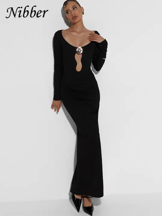Vestido Metálico Patchwork Para Mujer De Cuello Bajo Con Huecos Manga Larga Ajustado Elegante Para Club Fiesta Banquete De Otoño Con Estiramiento Alto - 1