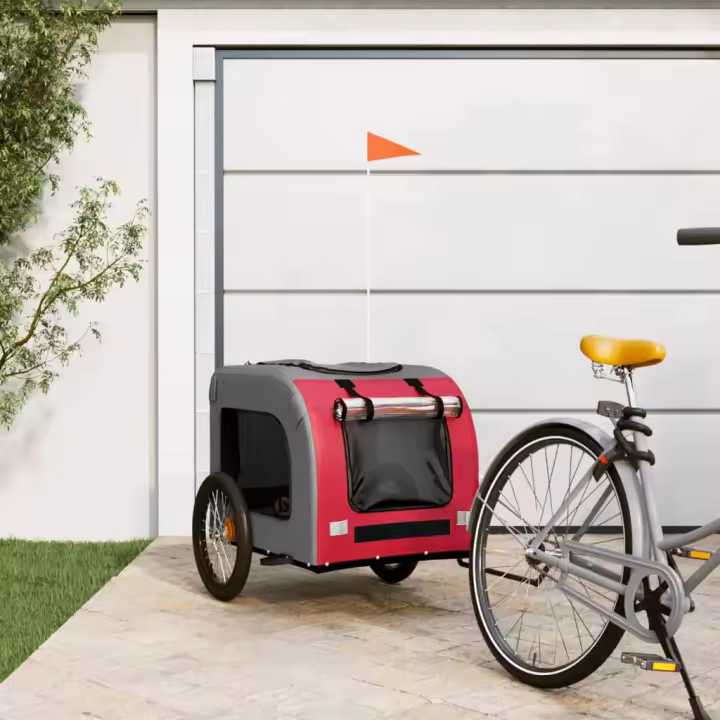 vidaXL Remolque de bicicleta mascotas hierro tela Oxford rojo gris - 1