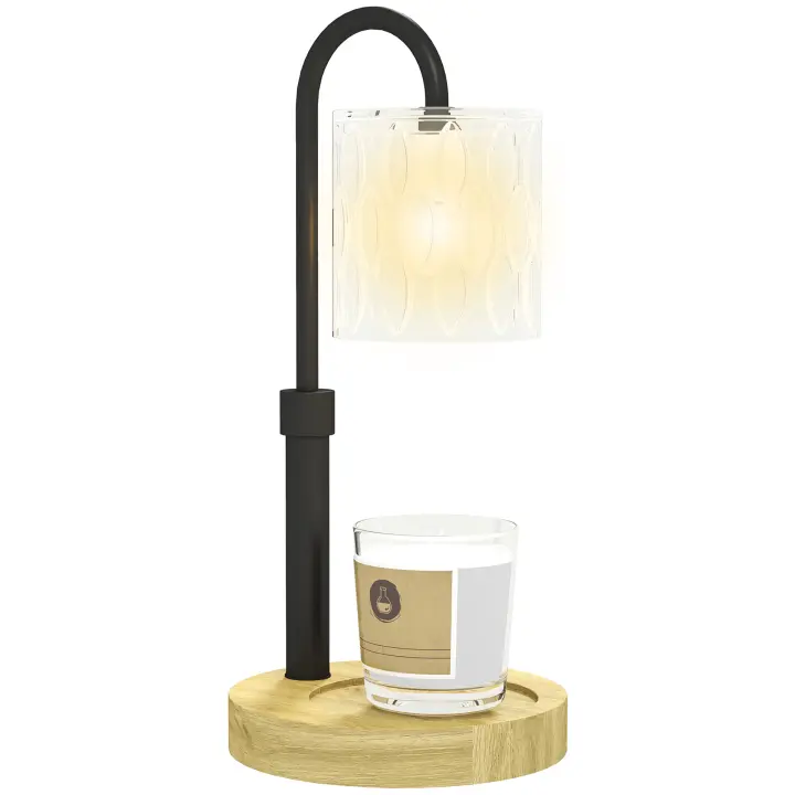 HOMCOM Lámpara de Mesita de Noche Lámpara Calefactora de Velas con Base de Madera Pantalla de Vidrio y Varilla Lámpara de Mesa para Dormitorio Salón Ø15x32,5 cm Multicolor - 1