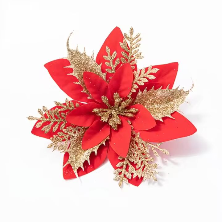 10pcs Decoración De Navidad De Polvo Dorado Flor Simulada Decoración De Árbol De Navidad Flores De Estilo Cabeza De Flor Material Plástico - 1