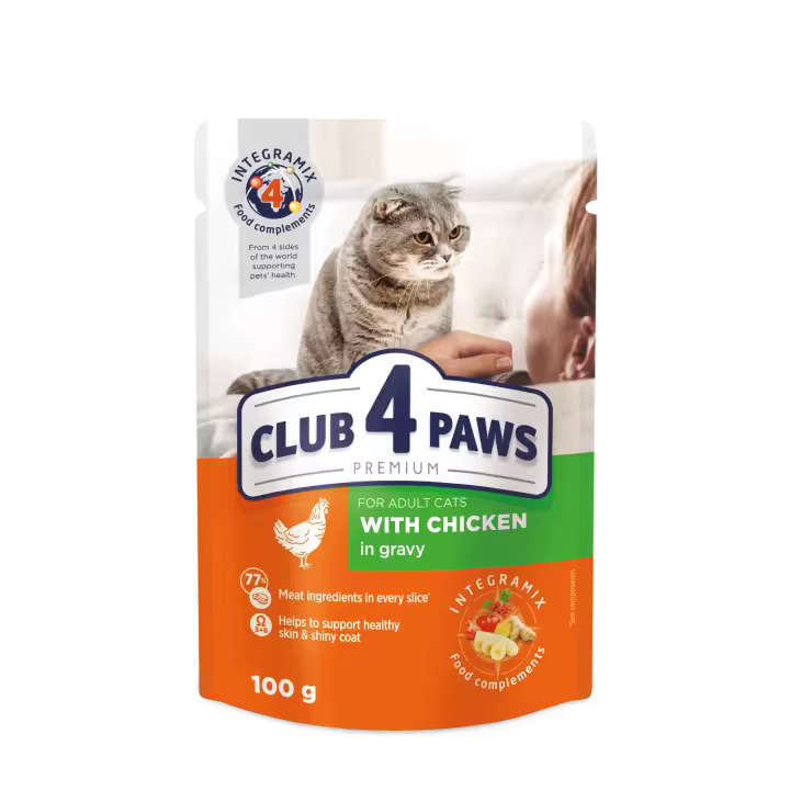 Comida húmeda completa para gatos  adultos CLUB 4 PAWS PREMIUM-Pollo en salsa PACK 24*100g - 1