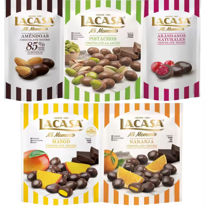 Lacasa Mi Momento pack de 5:Arándano choco Negro 60G,Almendra 85% 65G,Naranja choco Negro 125G,Pistacho Leche 100G,Mango choco Negro 115G - 1