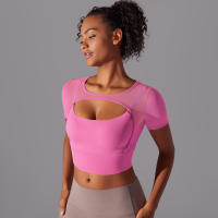 Camiseta de manga corta para Yoga, Top Sexy de Doble Capa, ropa de Malla empalmada, Sujetador Deportivo para correr y Fitness, Color sólido, Mujer - details 14