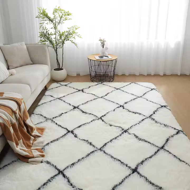 Alfombra blanca de pelo largo para salón, dormitorio o habitación (160 x 230 cm). pelo largo para mesita de noche o sofá - 1