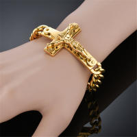Pulsera De Cadena Cubana De Acero Inoxidable Con Encanto De Cruz Jesús Para Hombres Joyería Religiosa De Color Oro Pulsera Masculina Regalo - details 1