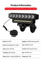 Luz delantera de bicicleta recargable por USB, bocina de Ciclismo de 120dB, resistente al agua, 6 modos de iluminación, fácil de instalar - details 1