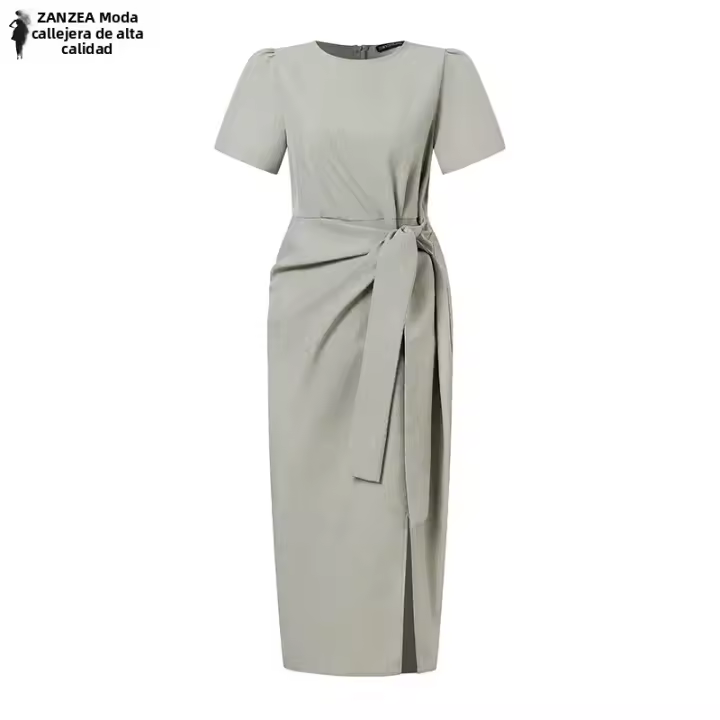 Vestido Bodycon Elegante De Verano ZANZEA Para Mujer Con Manga Corta Y Brecha En El Costado Vestido De Trabajo OL Con Cierre De Cremallera Y Decoración De Encaje Vestido Midi De Polyester - 1