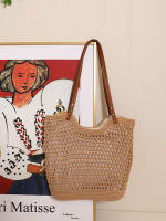 Bolso De Hombro Retro De Verano Con Bloque De Colores Y Hueco Bolso De Tela De Cuero Con Correa Tejida Gran Capacidad Casual - details 6