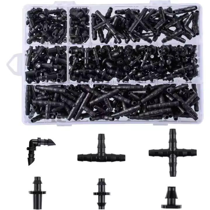 Kit de 280 conectores de púas para riego, 1/4'' (púas rectas, púas simples, tes, codos, tapón de extremo, acoplamiento de 4 vías) - 1