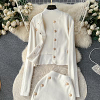 Conjunto De Ropa De Mujer REALEFT Otoño Invierno 3 Piezas Traje De Tejido Knitted Cardigan De Botón Sencillo Y Tops Falda Elegante Para Oficina - details 33
