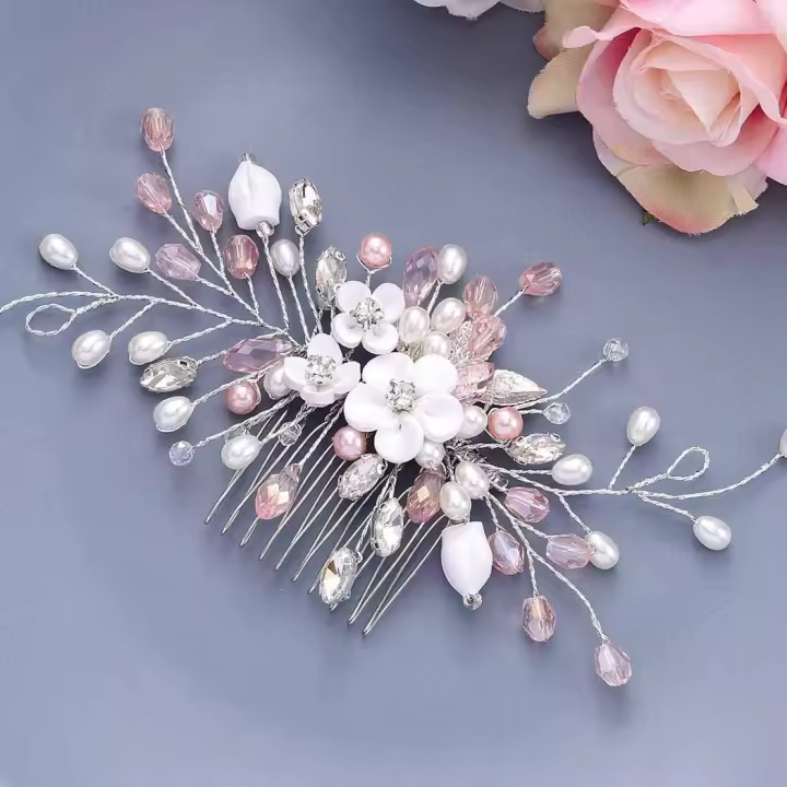 Peineta de flores para boda, tocado de novia con cristales plateados y perlas, accesorios para el cabello de novia para mujeres y niñas. - 1