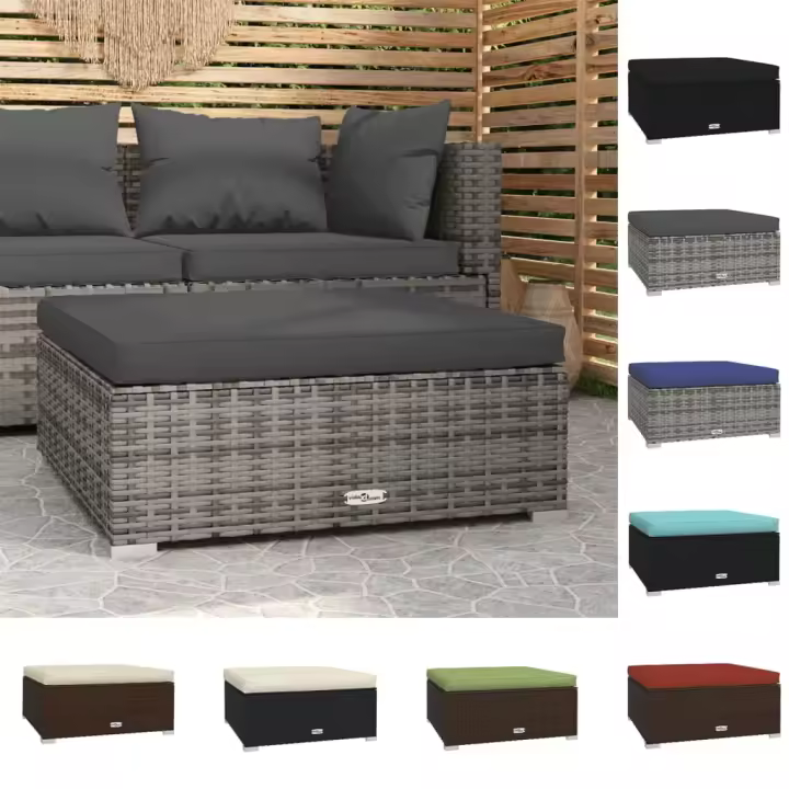 vidaXL Reposapiés de jardín con cojín ratán sintético gris 70x70x30 cm - 1