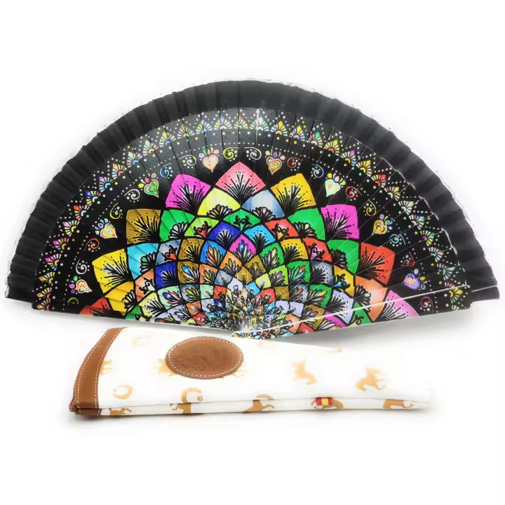 Abanico de Mano Plegable con Funda. Precioso Abanico Negro con Figuras de Colores. Abanico Flamenco con Funda de Lona de Alta Calidad y Fabricada en España - 1
