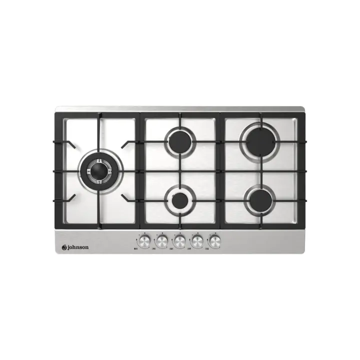 Meimon Encimera de gas Johnson de 5 fuegos en acero inoxidable con parrillas de hierro fundido, fuego triple llama, autoencendido, válvula de seguridad, compatible con butano y gas natural, dimensiones 86x51 cm, control mecánico - 1