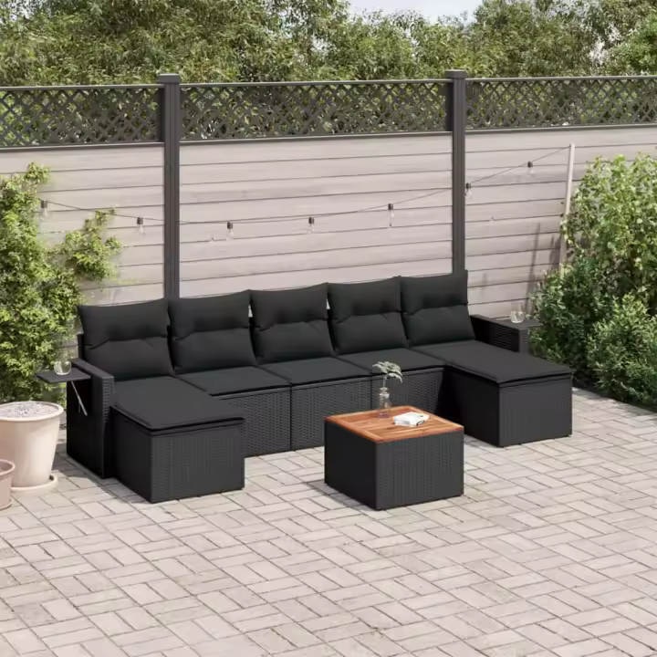 vidaXL Set de sofás de jardín 8 piezas y cojines ratán sintético negro - 1