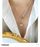 Encanto Cadena de clavícula de acero de titanio con forma de corazón de amor retro, collar con borlas galvanizadas en oro de 18 quilates, colgante redondo de perla de imitación, joyería - details 4