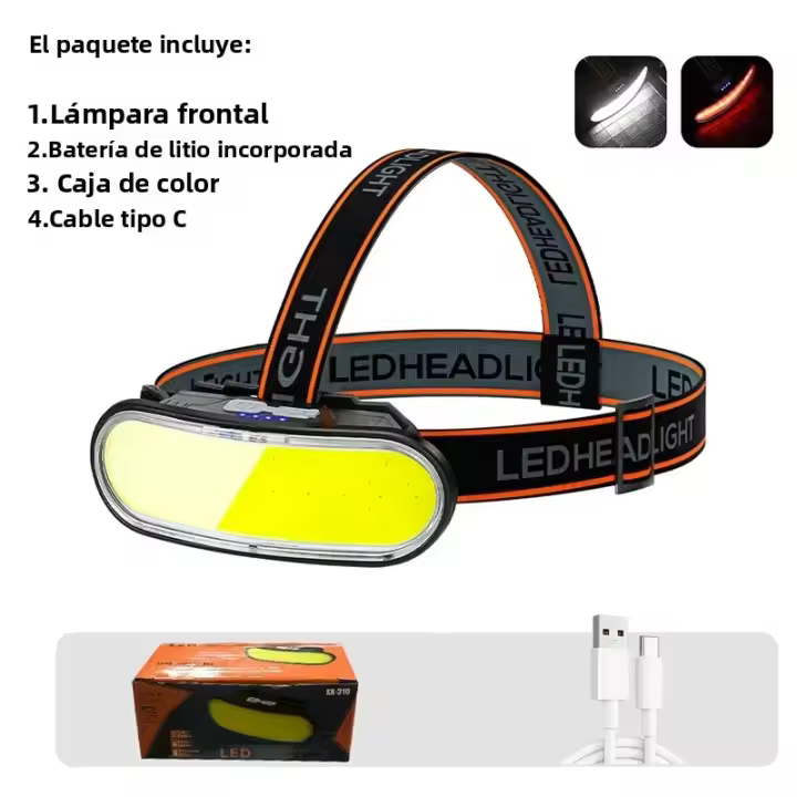 Linterna Frontal KX-310 COB+LED Recargable Por USB Con Batería Integrada De 1200MaH Para Pesca Y Camping Luz De Escenario 180° Ángulo De Haz - 1