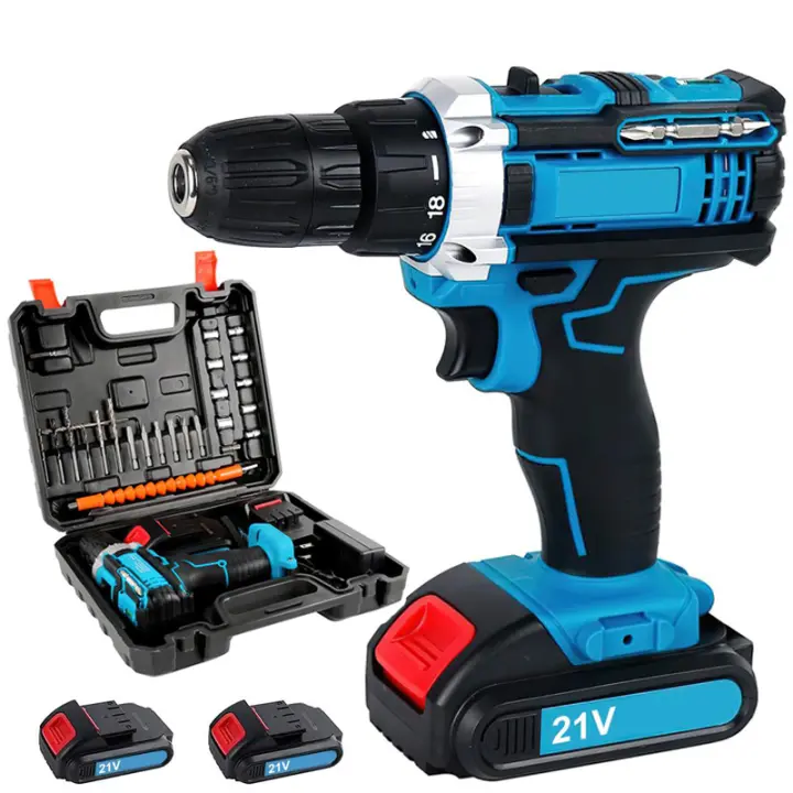 21V Destornillador inalámbrico de alta potencia, taladro eléctrico recargable, batería de litio, velocidad de 1800rpm, herramientas multifuncionales, taladro de impacto  Con mandril sin llave de 3/8" con luz de trabajo, par máximo de 45Nm, 2 velocidades - 1