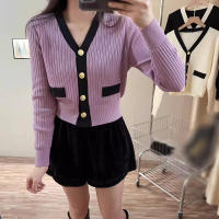 Chaqueta De Punto Para Mujer Otoño Invierno Estilo Suave V-Neck Colores Contrastantes Casual Cierre Único Tops Todoterreno - details 3
