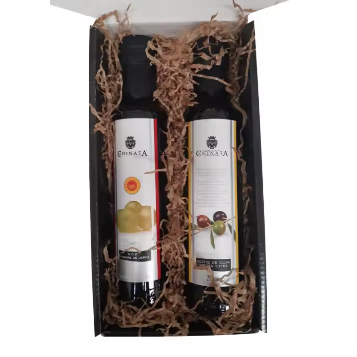 La Chinata. Cajita Regalo con Aceite de Oliva Virgen Extra y Vinagre de Jerez 250 ml (cristal) en caja de cartón negra con frase - 1