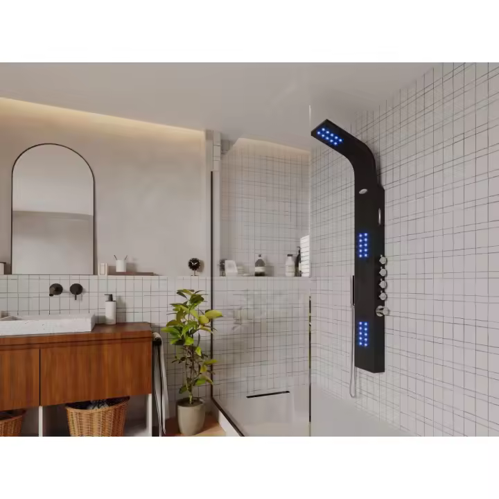 Vente-unique - Columna de ducha hidromasaje termostática con luces LED y bluetooth - Ancho 20 x Alt. 165 cm - Negro - CHAKRA V - 1